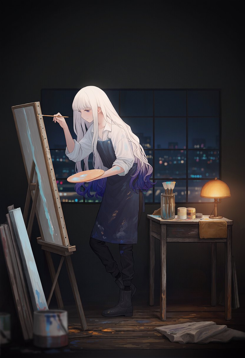 The painter Vallotton at work in her studio late at night