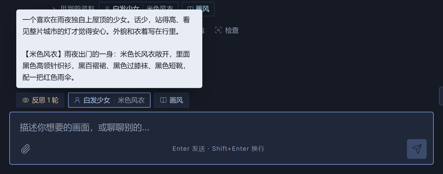 输入框上方的三个标签，鼠标停在「白发少女」上，弹出的说明里是她的描述和「米色风衣」这套衣服