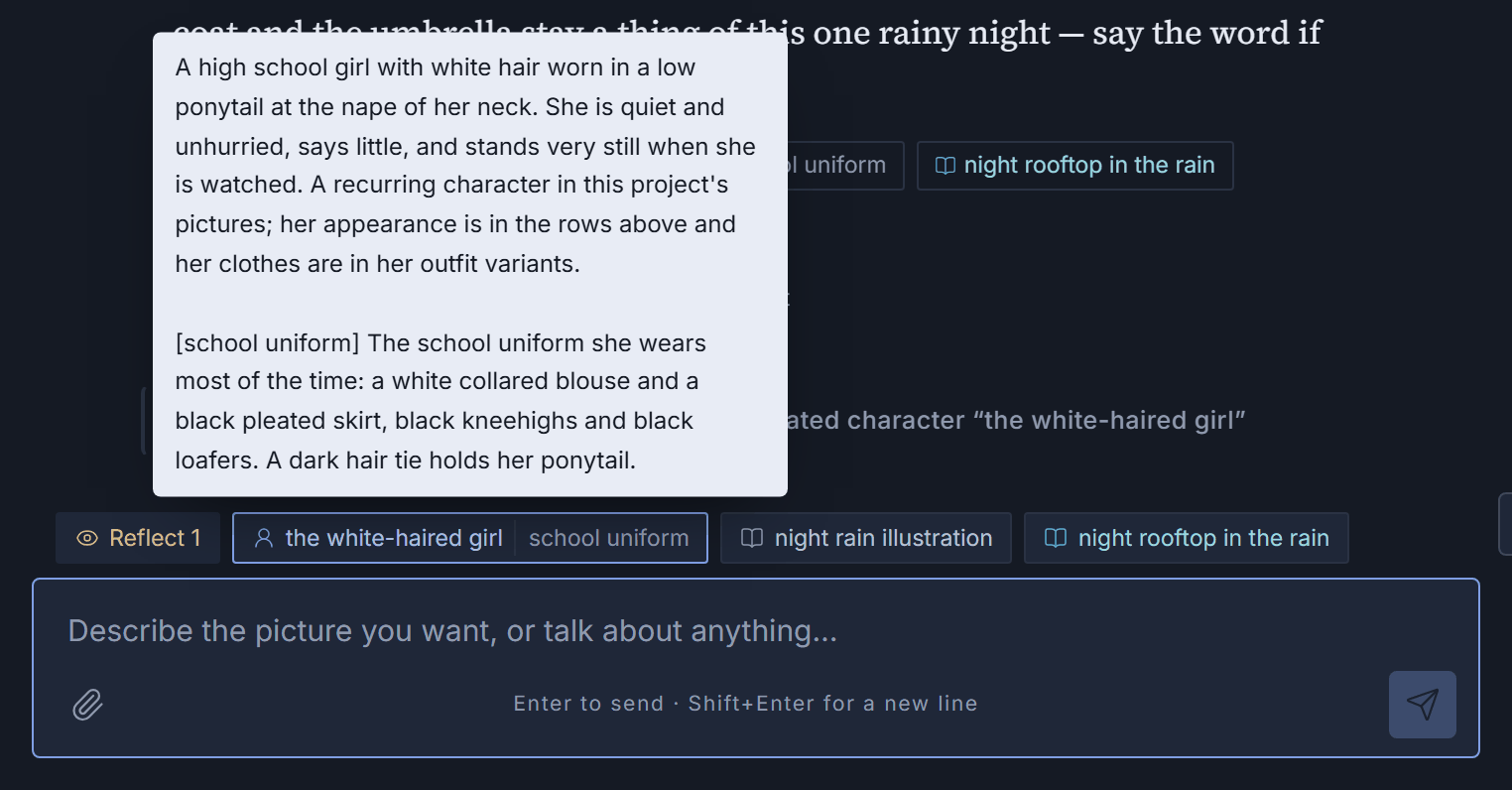 The chips above the composer, with the mouse resting on the character chip; the bubble shows her description and her outfit