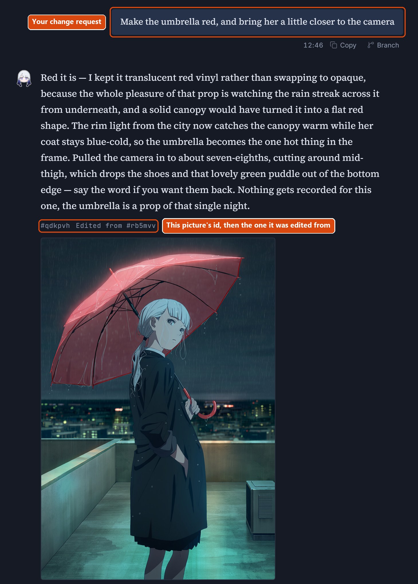 The edited picture: the umbrella is red and the girl is closer to the camera; the rooftop night scene is unchanged