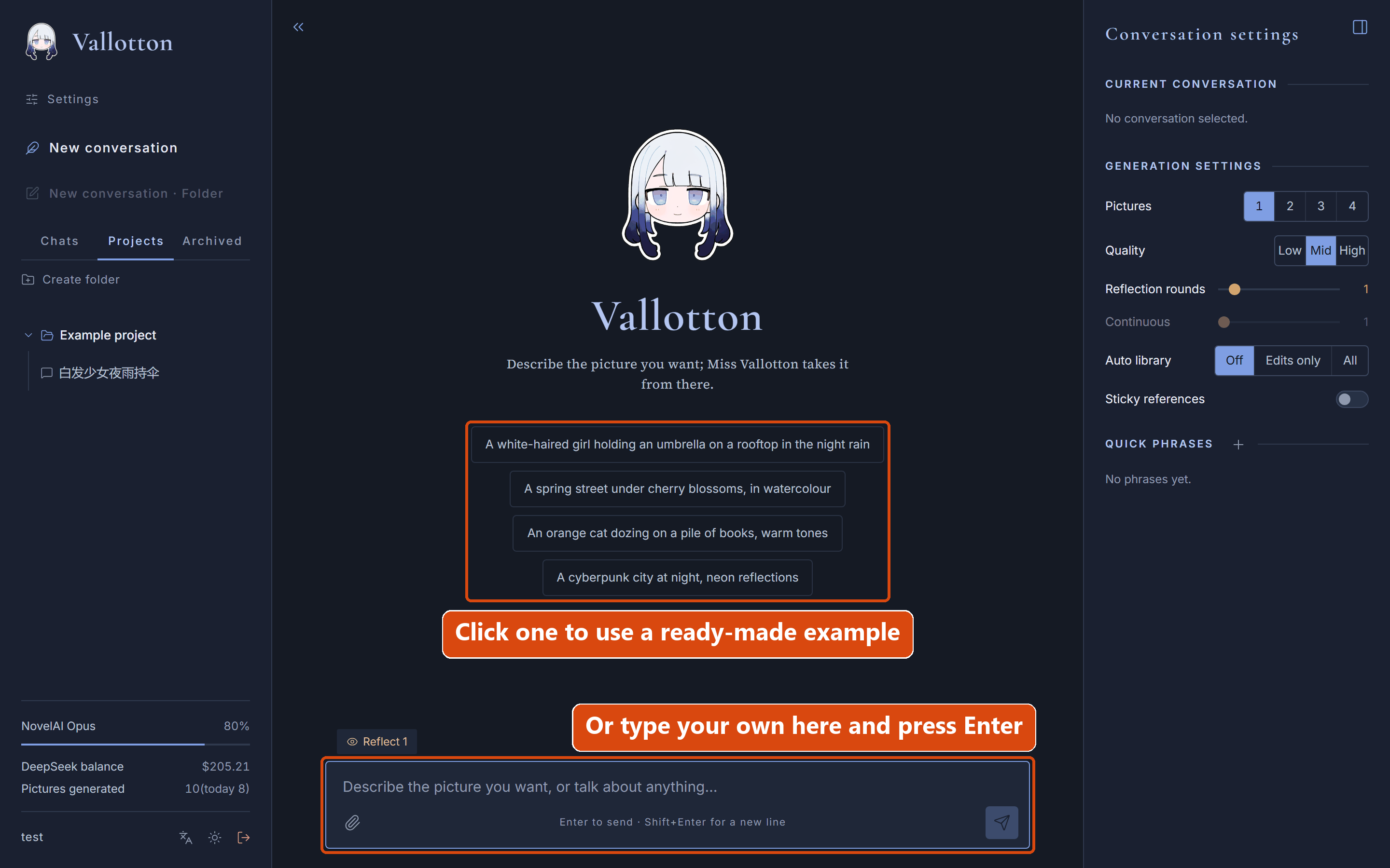 The welcome page after logging in: Vallotton's portrait and a few example lines in the middle, the composer at the bottom, generation settings on the right
