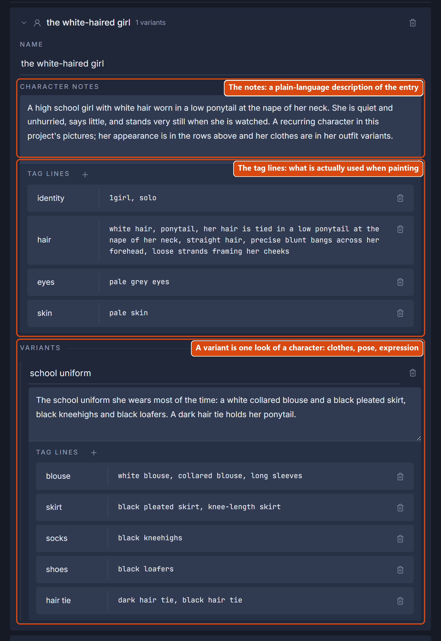 The character “White-haired girl” opened on the project page: notes, tag lines, and one variant