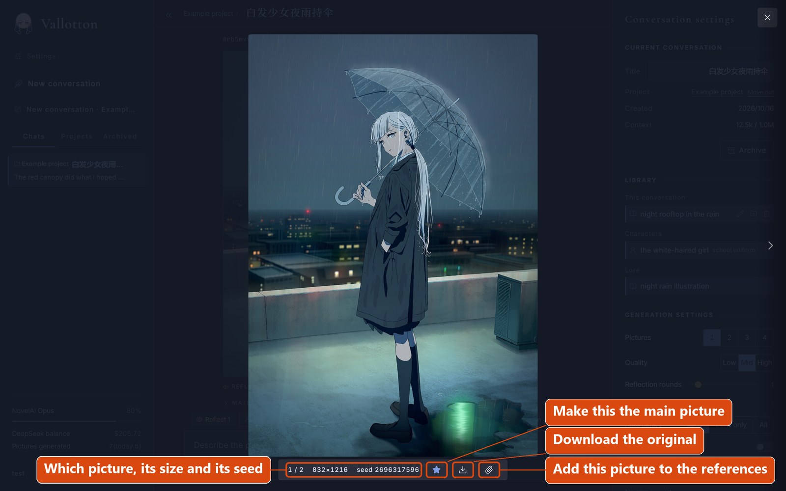 The lightbox: the picture enlarged in the middle; the bar at the bottom says which picture it is, its size and the random seed, with the three buttons Set as main picture, Download the original and Add to references beside it