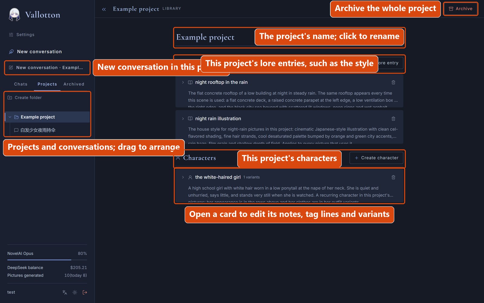 The project page: the left bar on the “Projects” tab, and in the middle the library page of the project “Example project”, in two columns, lore and characters