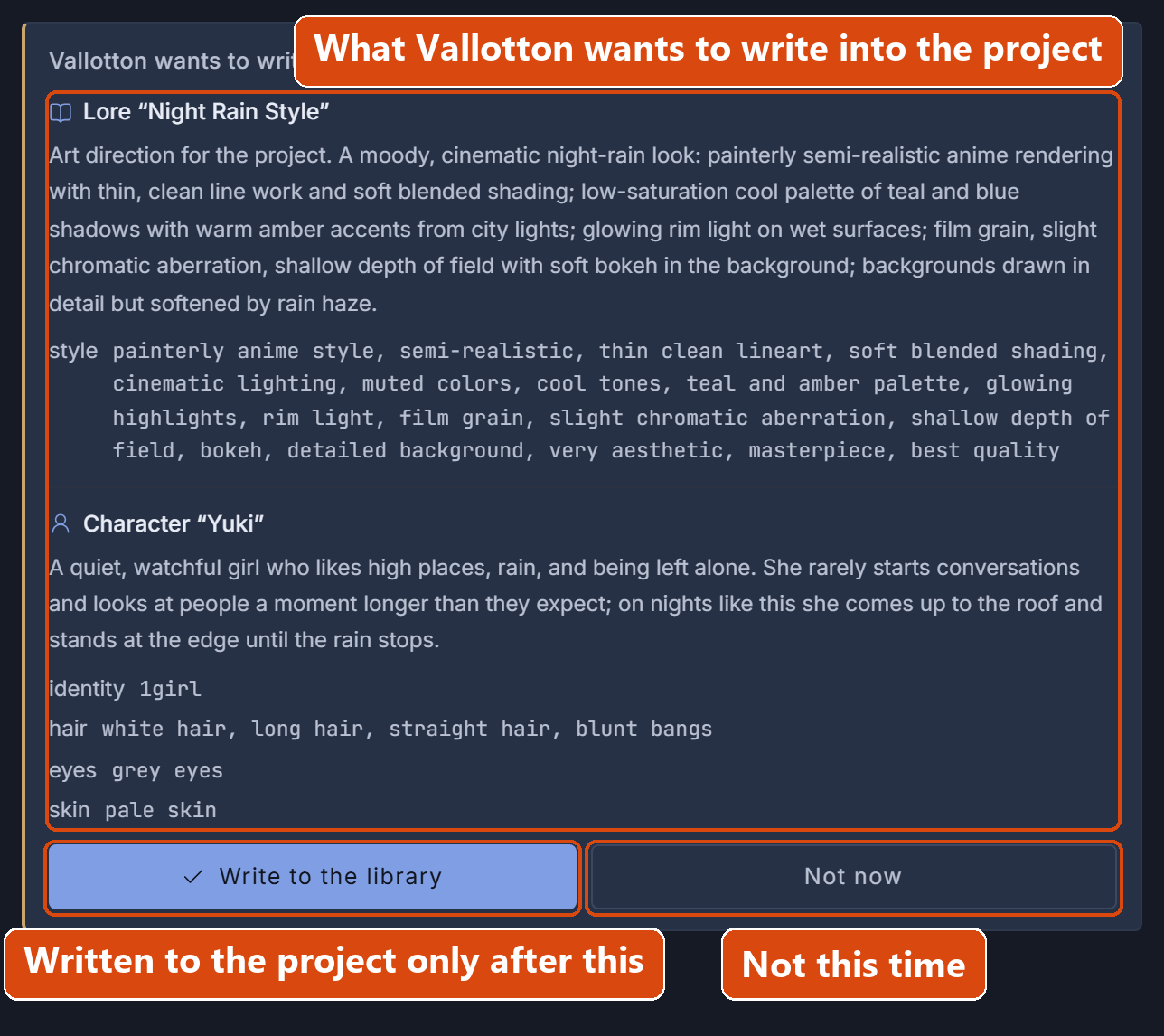 The card that appears when Vallotton wants to write a lore entry into the project library, with the buttons “Write to the library” and “Not now” underneath