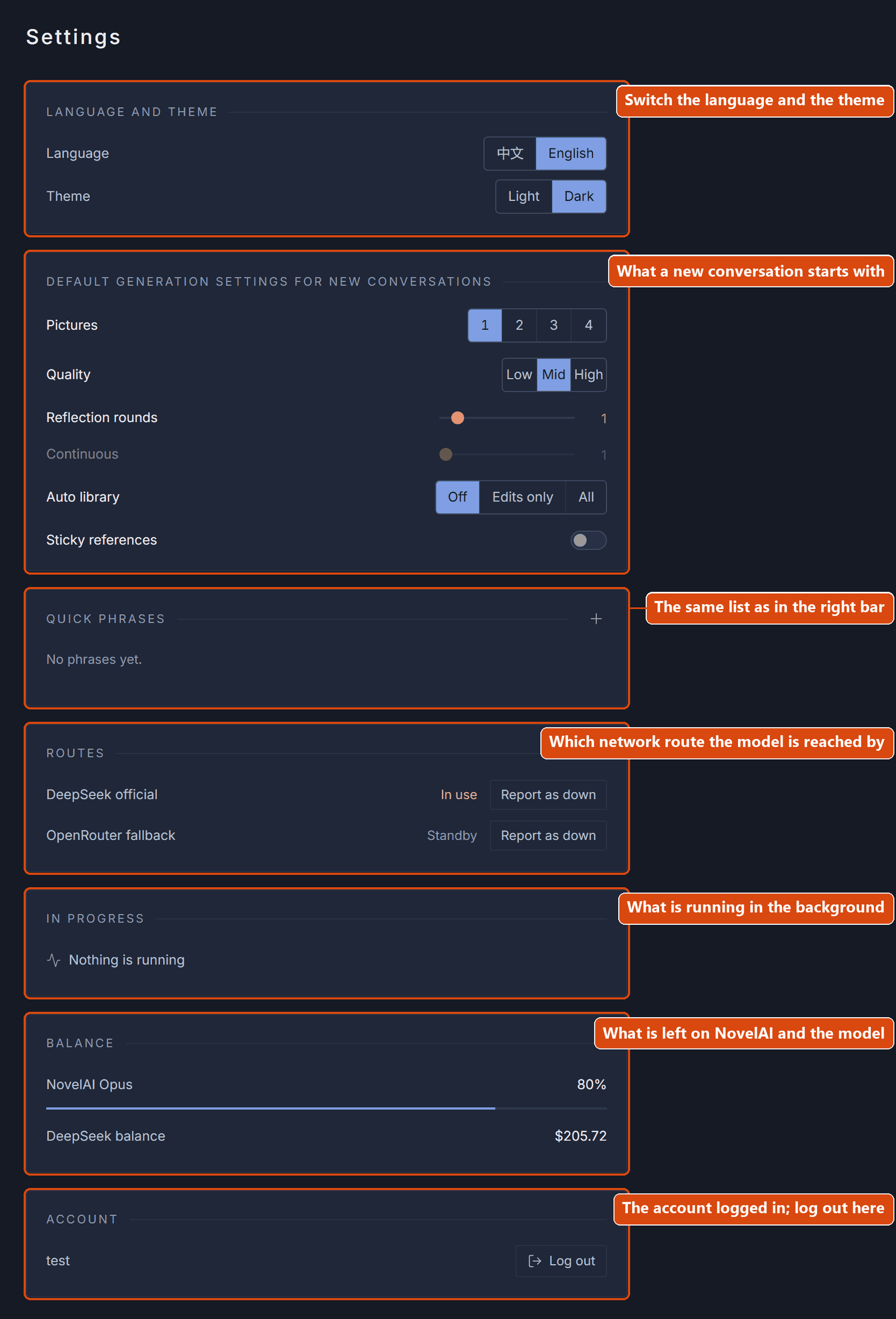 The settings page: language and theme, the default generation settings for new conversations, quick phrases, routes, in progress, balance, account