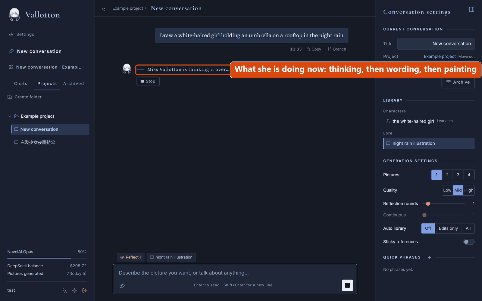 The conversation page while working, showing “Miss Vallotton is thinking it over…”