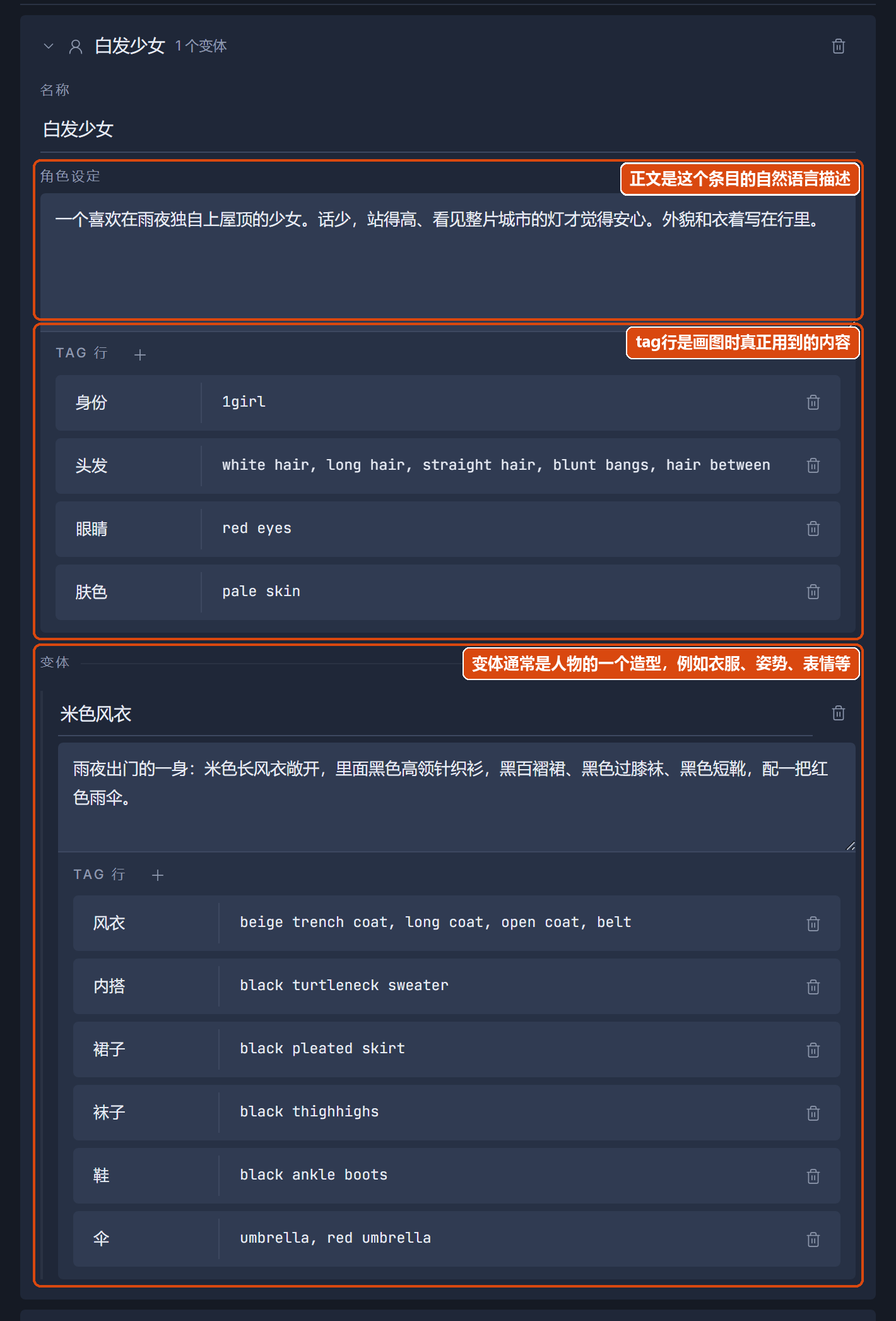项目页面里展开的角色「白发少女」：正文、tag 行，以及一个变体