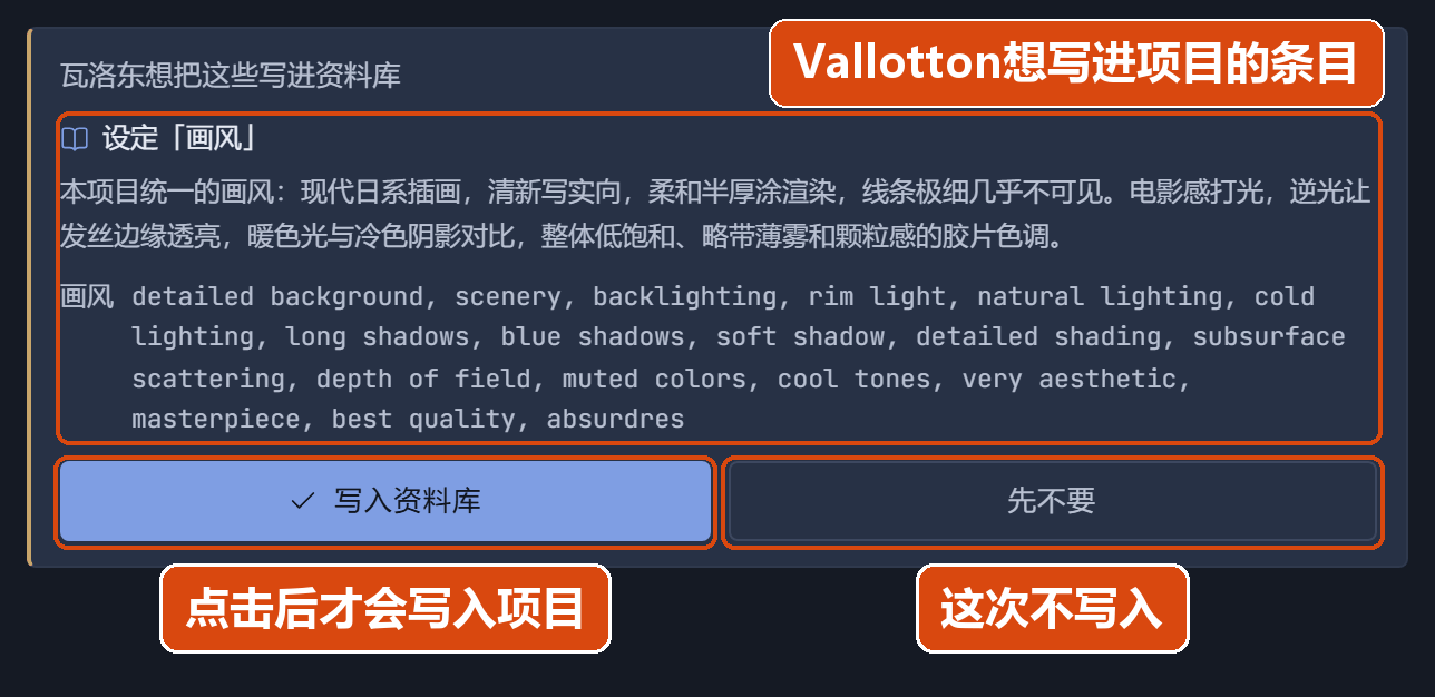 Vallotton 想往项目资料库里写一条设定时弹出的卡片，下面是「写入资料库」和「先不要」两个按钮